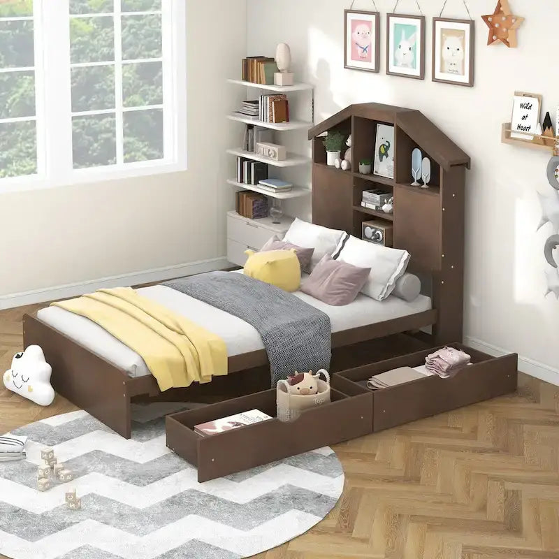 Wood Platform Bed with House-shaped Storage Headboard and 2 Drawer