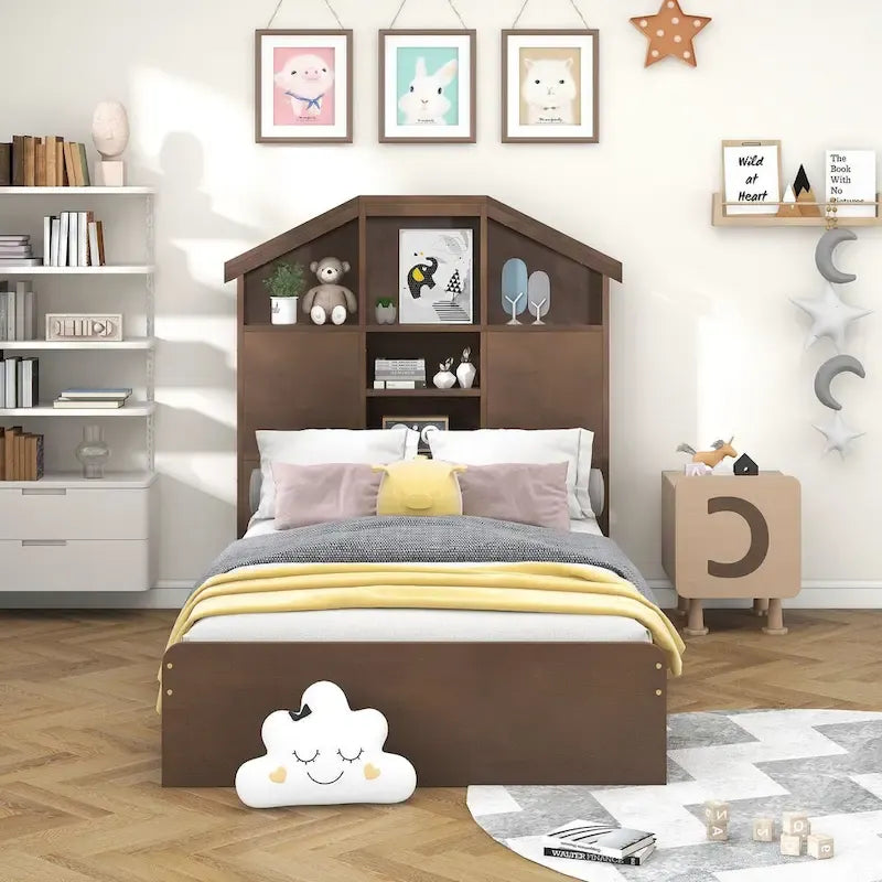 Wood Platform Bed with House-shaped Storage Headboard and 2 Drawer