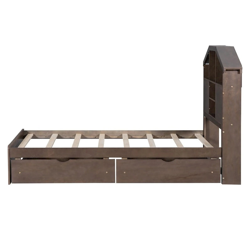 Wood Platform Bed with House-shaped Storage Headboard and 2 Drawer