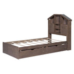 Wood Platform Bed with House-shaped Storage Headboard and 2 Drawer