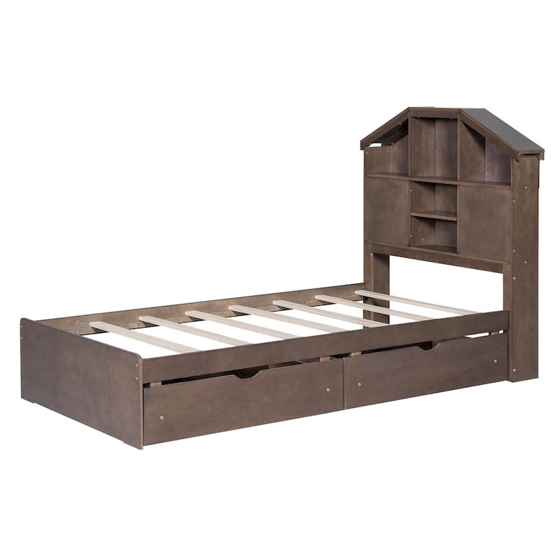 Wood Platform Bed with House-shaped Storage Headboard and 2 Drawer