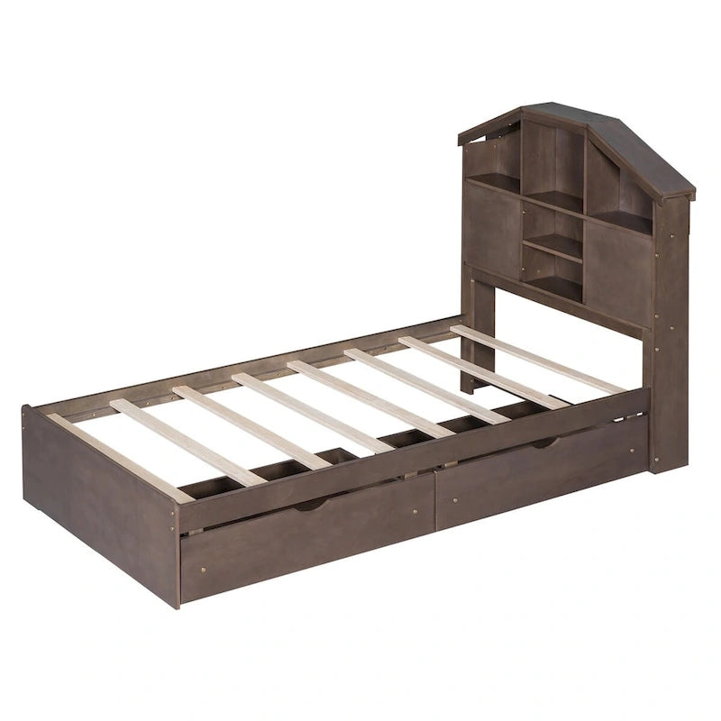 Wood Platform Bed with House-shaped Storage Headboard and 2 Drawer
