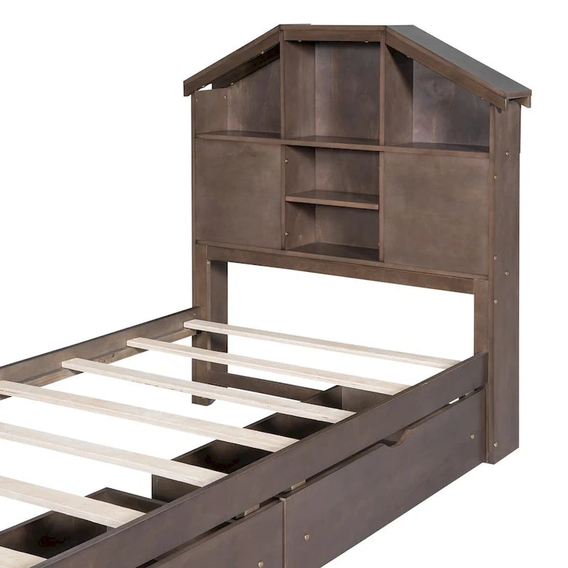 Wood Platform Bed with House-shaped Storage Headboard and 2 Drawer