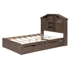 Wood Platform Bed with House-shaped Storage Headboard and 2 Drawer