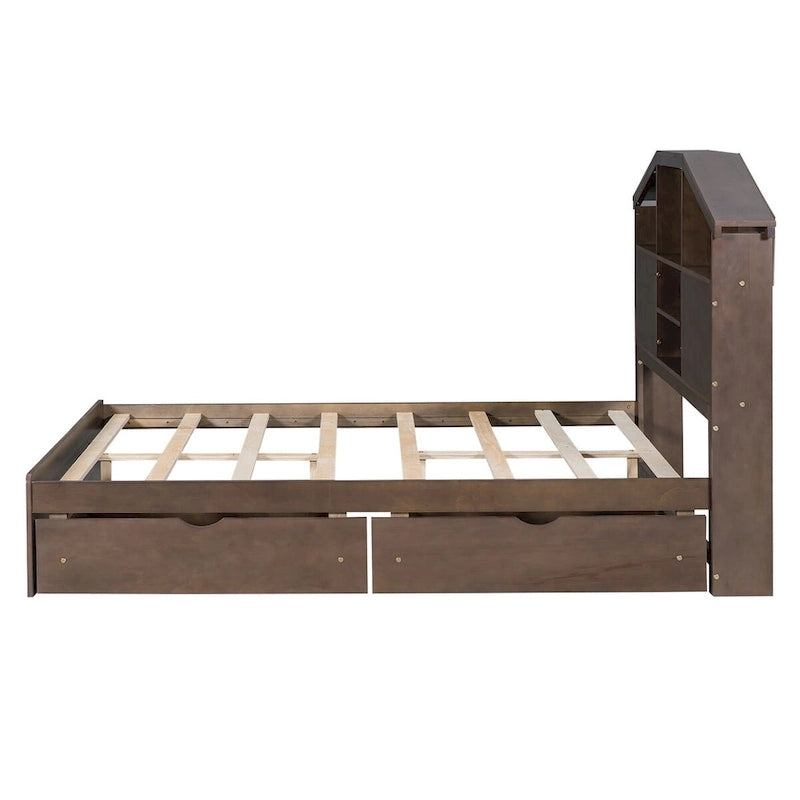 Wood Platform Bed with House-shaped Storage Headboard and 2 Drawer