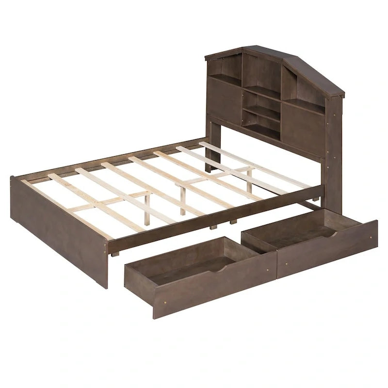 Wood Platform Bed with House-shaped Storage Headboard and 2 Drawer