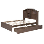Wood Platform Bed with House-shaped Storage Headboard and 2 Drawer