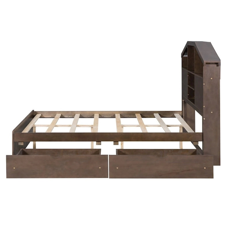 Wood Platform Bed with House-shaped Storage Headboard and 2 Drawer
