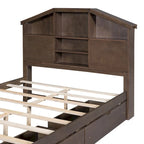 Wood Platform Bed with House-shaped Storage Headboard and 2 Drawer