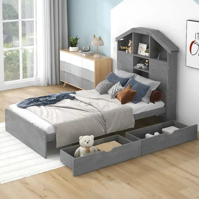 Wood Platform Bed with House-shaped Storage Headboard and 2 Drawer