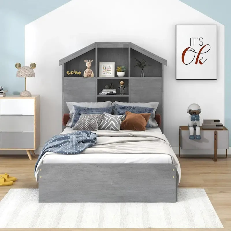 Wood Platform Bed with House-shaped Storage Headboard and 2 Drawer