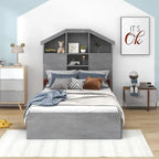 Wood Platform Bed with House-shaped Storage Headboard and 2 Drawer