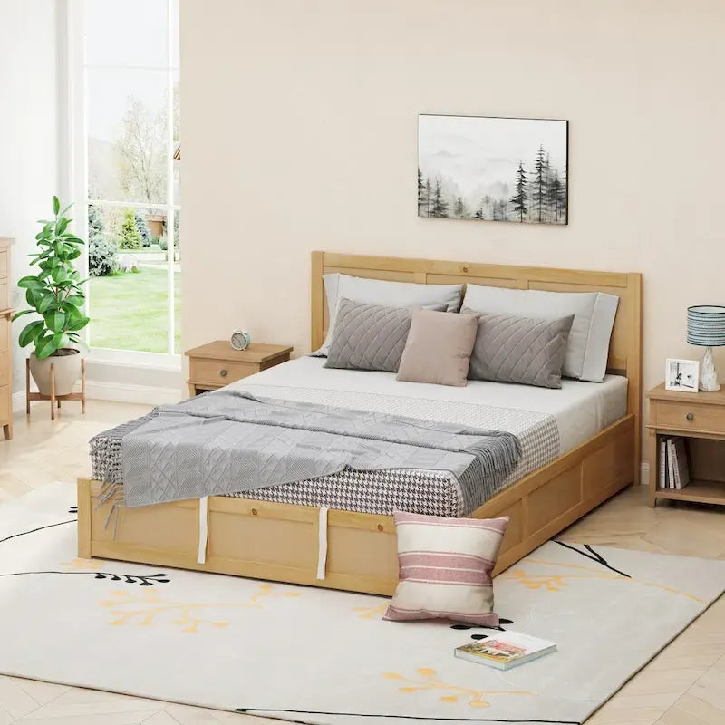 Queen Size Wood Platform Bed with Hydraulic Storage System and 2 Drawers