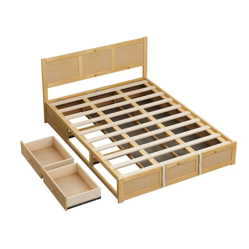 Queen Size Wood Platform Bed with Hydraulic Storage System and 2 Drawers