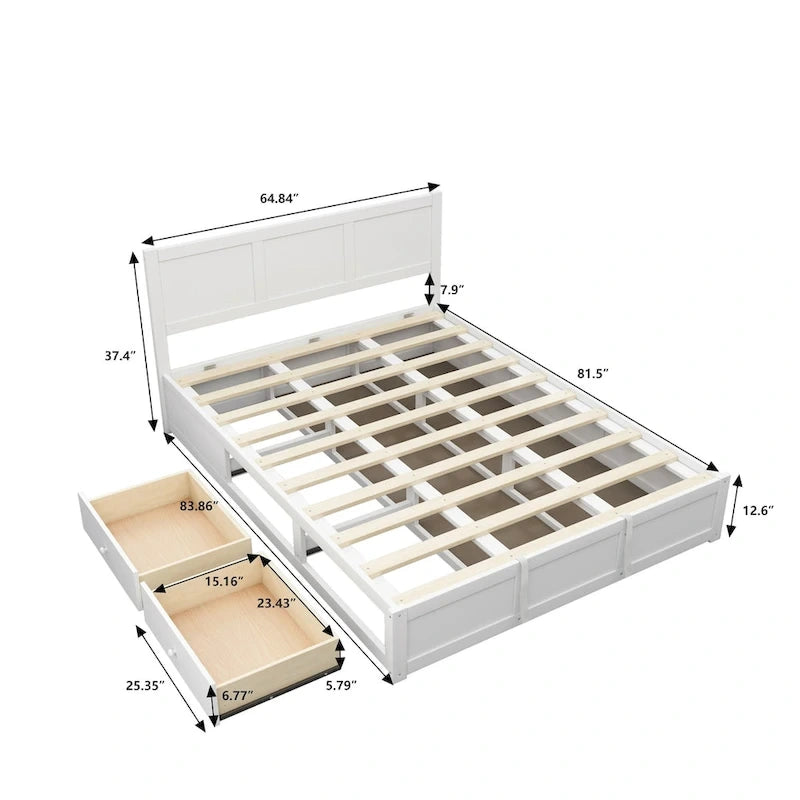 Queen Size Wood Platform Bed with Hydraulic Storage System and 2 Drawers