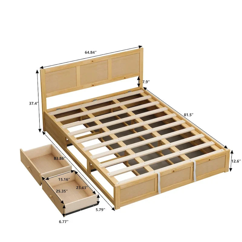 Queen Size Wood Platform Bed with Hydraulic Storage System and 2 Drawers