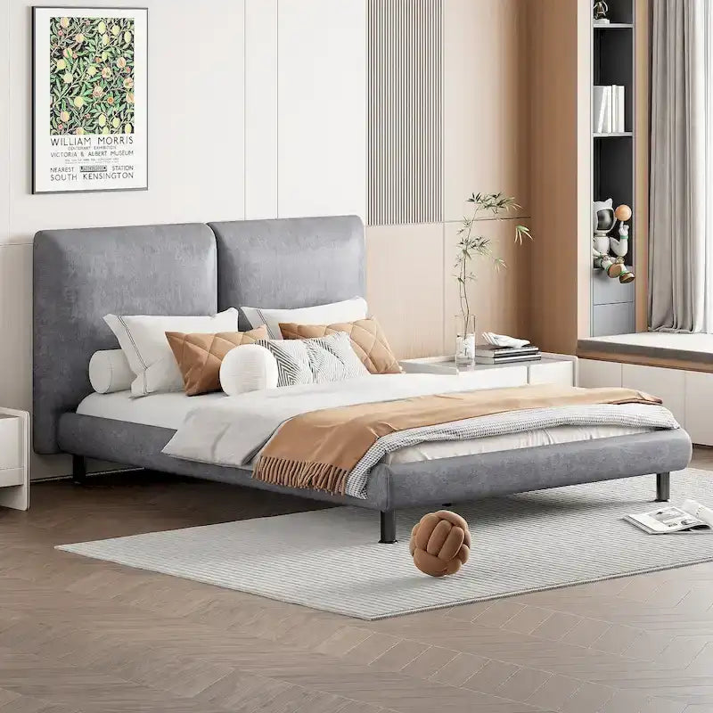 Upholstered Platform Bed with Two Large Headrests and Thick Fabric