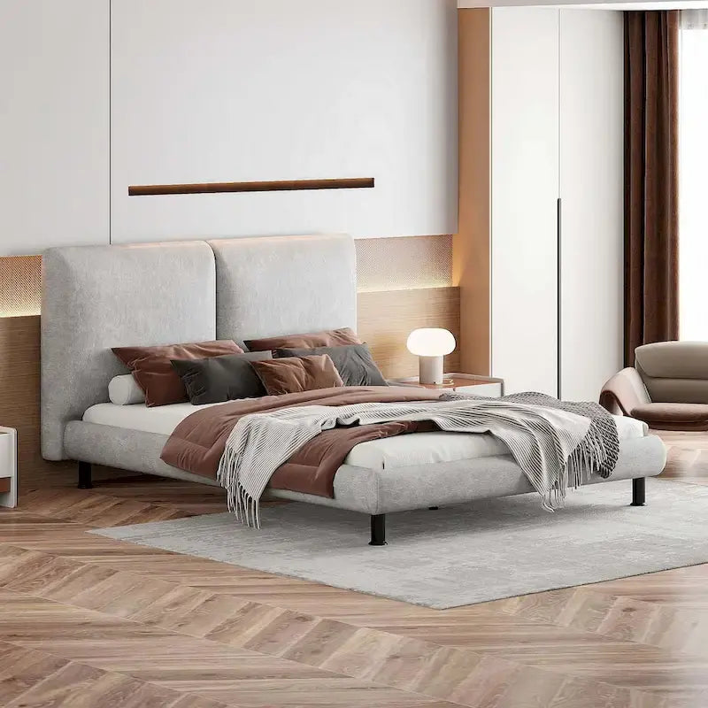 Upholstered Platform Bed with Two Large Headrests and Thick Fabric