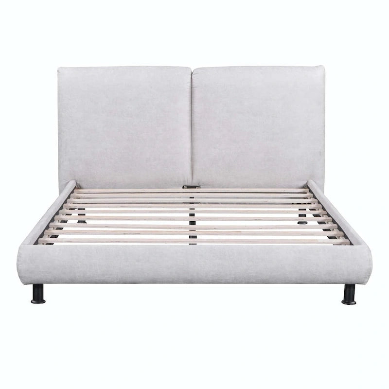 Upholstered Platform Bed with Two Large Headrests and Thick Fabric