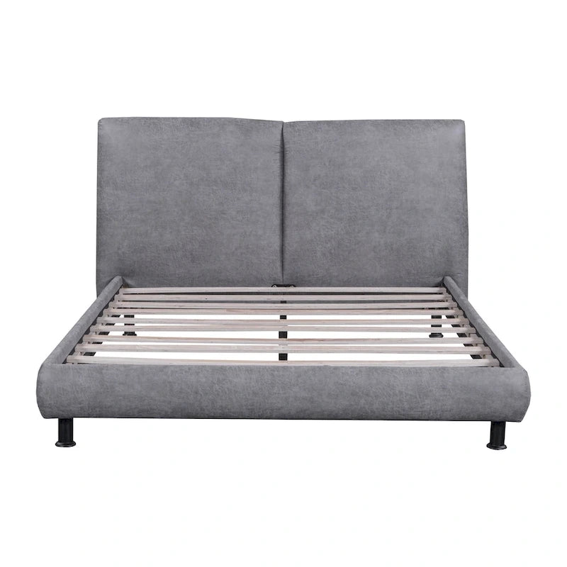 Upholstered Platform Bed with Two Large Headrests and Thick Fabric