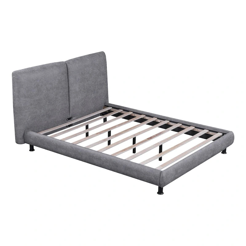 Upholstered Platform Bed with Two Large Headrests and Thick Fabric