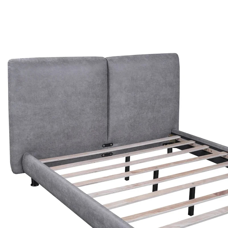 Upholstered Platform Bed with Two Large Headrests and Thick Fabric