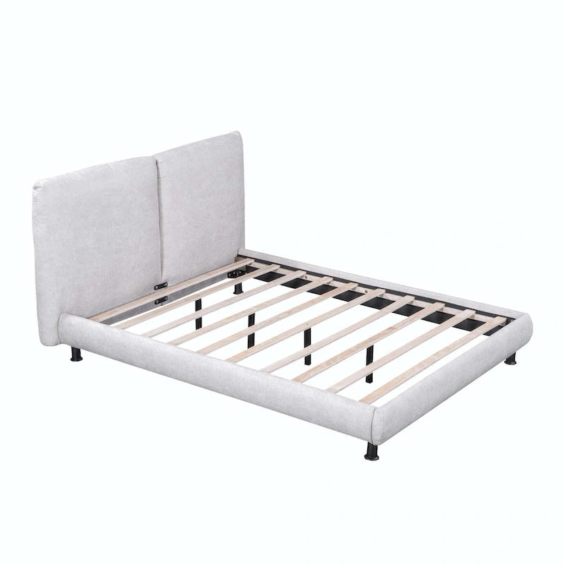 Upholstered Platform Bed with Two Large Headrests and Thick Fabric