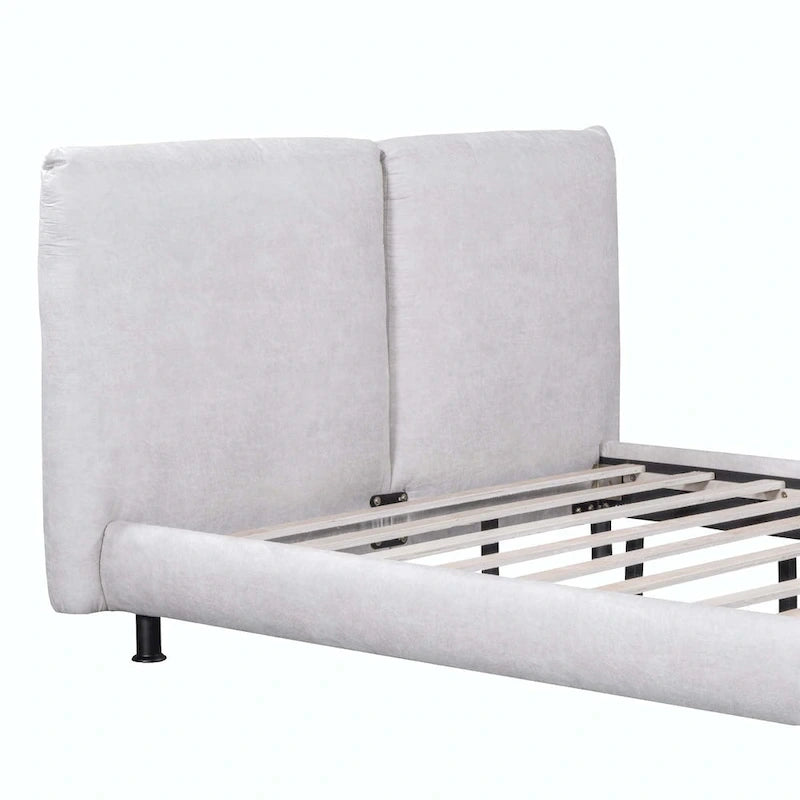 Upholstered Platform Bed with Two Large Headrests and Thick Fabric