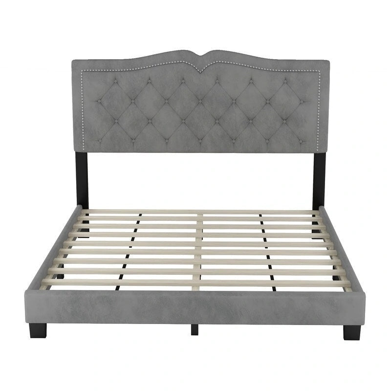 Queen Size Tufted Velvet Upholstered Bed with Rivet Design