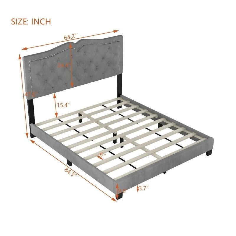 Queen Size Tufted Velvet Upholstered Bed with Rivet Design