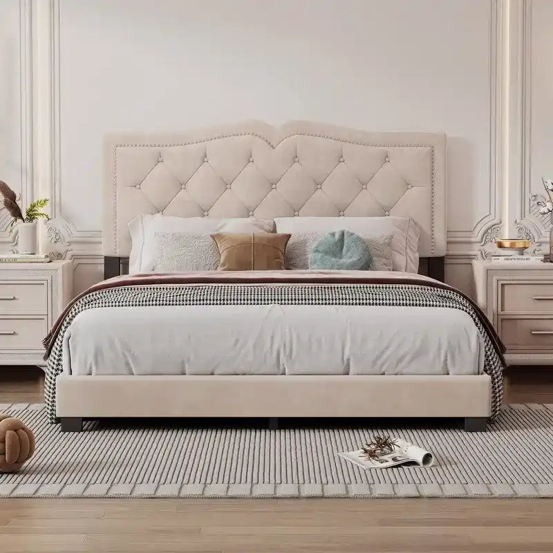 Queen Size Tufted Velvet Upholstered Bed with Rivet Design