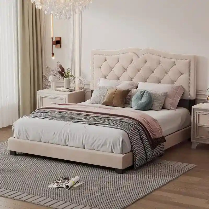 Queen Size Tufted Velvet Upholstered Bed with Rivet Design