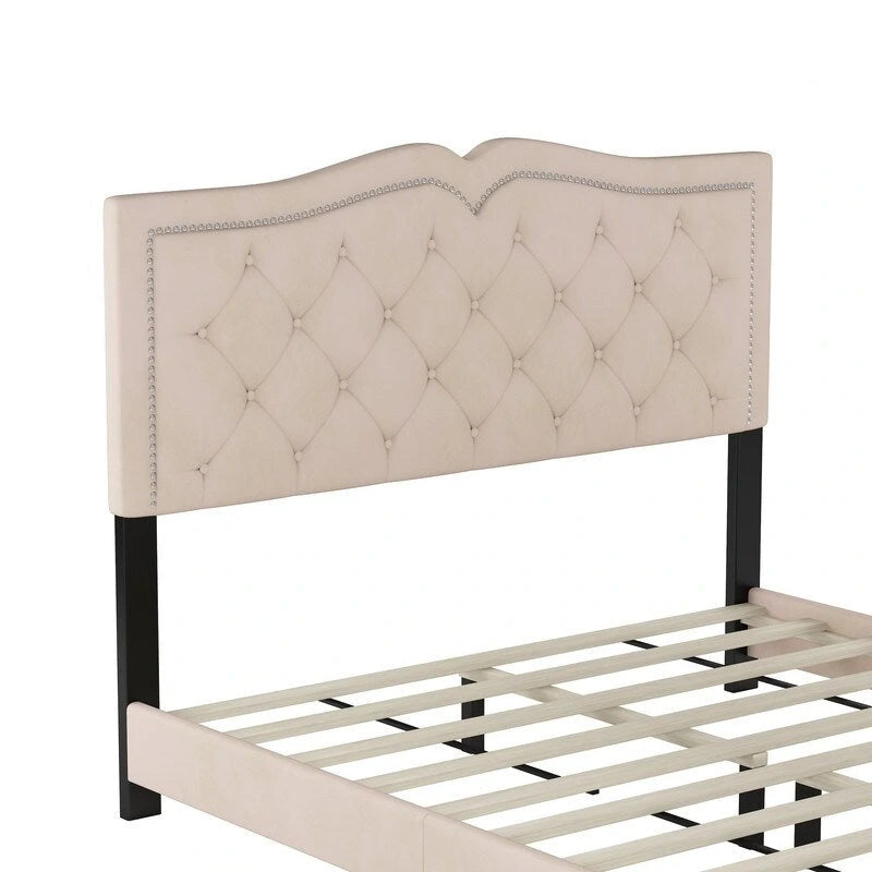 Queen Size Tufted Velvet Upholstered Bed with Rivet Design