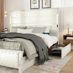 King Size Bed Frame with Upholstered Headboard and 4 Storage Drawers , King Bed Frame with Charging Station and LED Lights