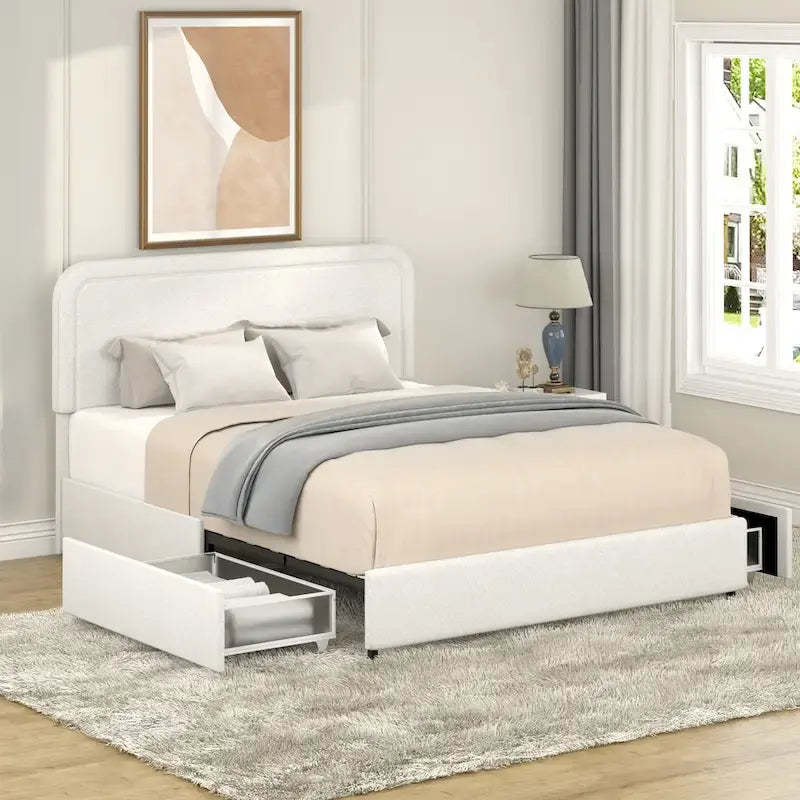 Christopher Knight Home Valle Queen Sized Boucle Upholstered Platform Bed with Drawers, Ivory