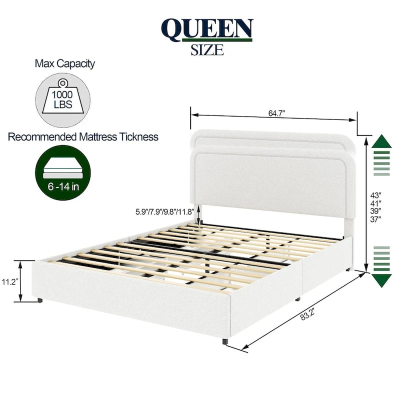 Christopher Knight Home Valle Queen Sized Boucle Upholstered Platform Bed with Drawers, Ivory