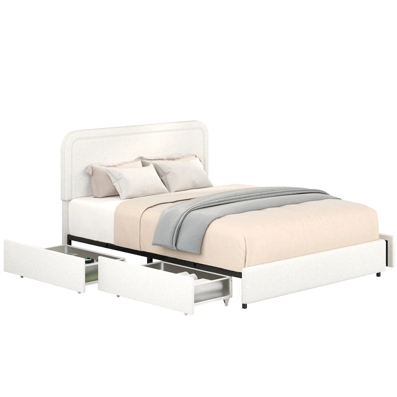 Christopher Knight Home Valle Queen Sized Boucle Upholstered Platform Bed with Drawers, Ivory