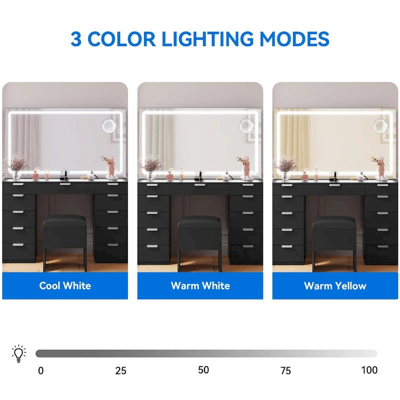 Moasis Makeup Vanity Table Set with Large LED Lighted Mirror and 11 Drawers - 46L*11.7W*55.9H