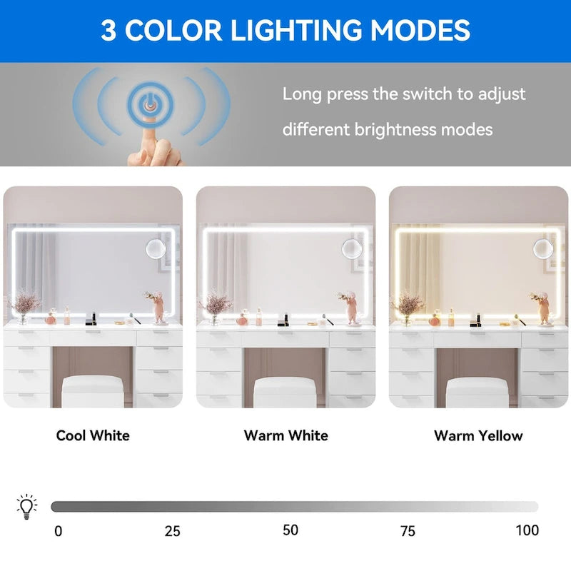 Moasis Makeup Vanity Table Set with Large LED Lighted Mirror and 11 Drawers - 46L*11.7W*55.9H