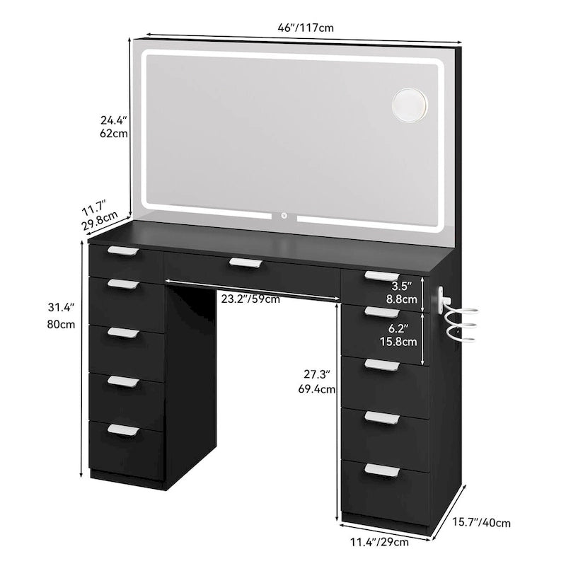 Moasis Makeup Vanity Table Set with Large LED Lighted Mirror and 11 Drawers - 46L*11.7W*55.9H