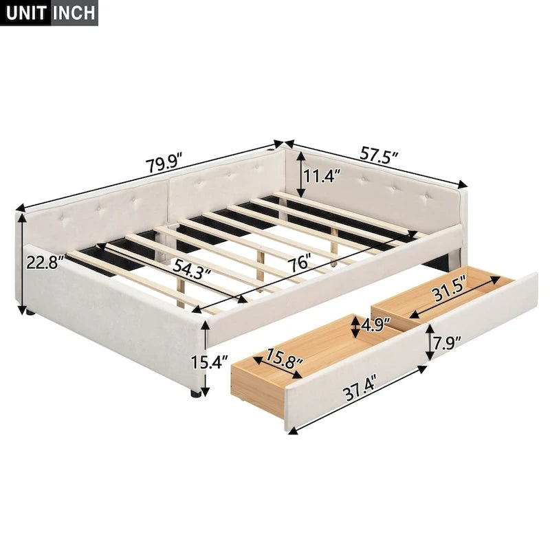 Full Size Upholstered Platform Bed with USB and 2 Drawers
