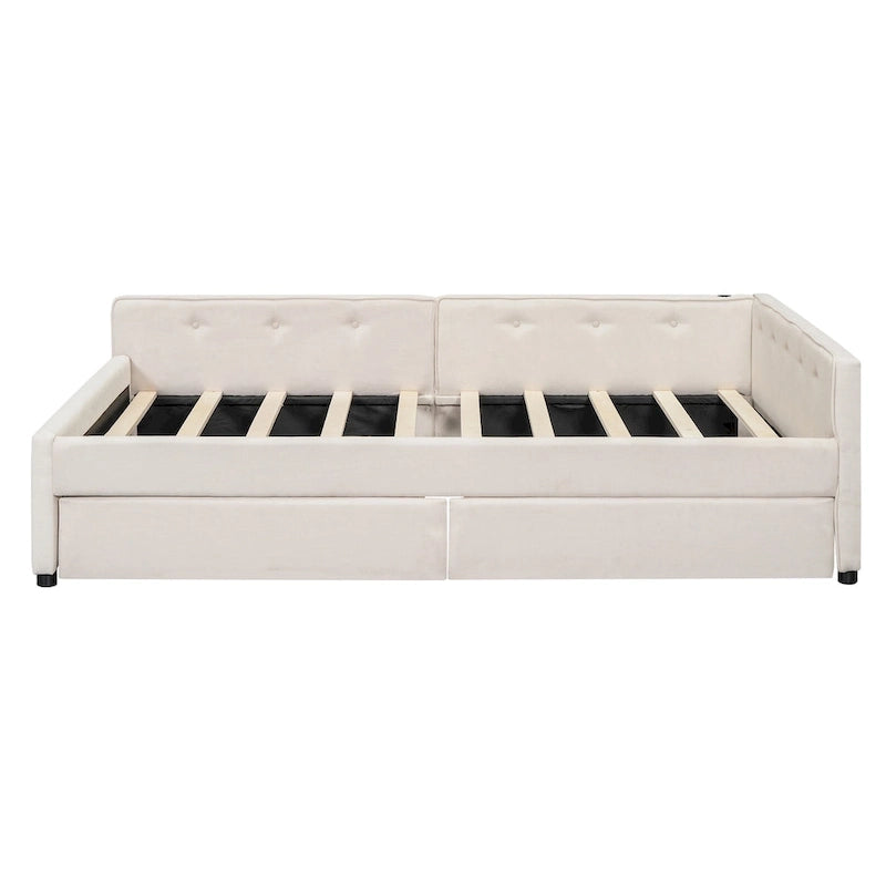 Full Size Upholstered Platform Bed with USB and 2 Drawers