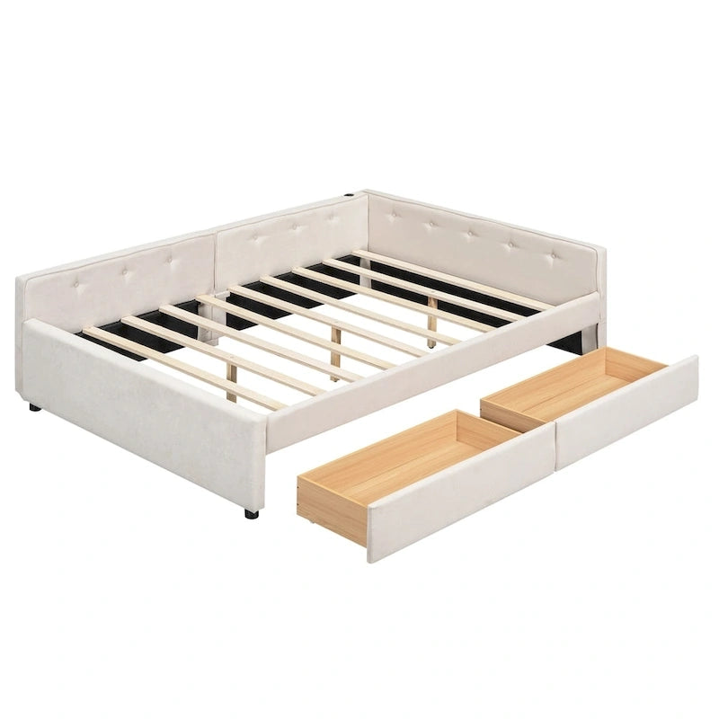 Full Size Upholstered Platform Bed with USB and 2 Drawers