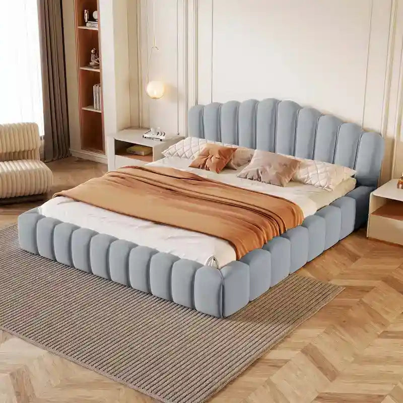 Velvet Upholstered Queen Bed Frame Shell-Shaped Headboard for Bedroom