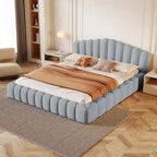 Velvet Upholstered Queen Bed Frame Shell-Shaped Headboard for Bedroom