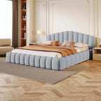 Velvet Upholstered Queen Bed Frame Shell-Shaped Headboard for Bedroom
