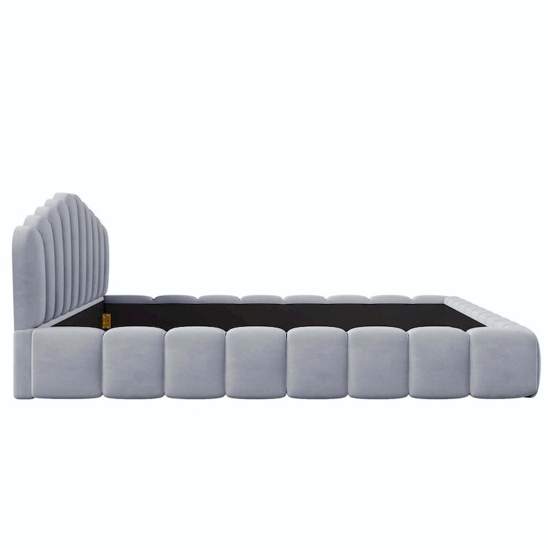 Velvet Upholstered Queen Bed Frame Shell-Shaped Headboard for Bedroom