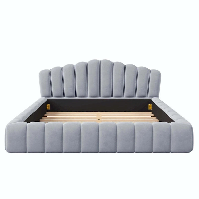 Velvet Upholstered Queen Bed Frame Shell-Shaped Headboard for Bedroom