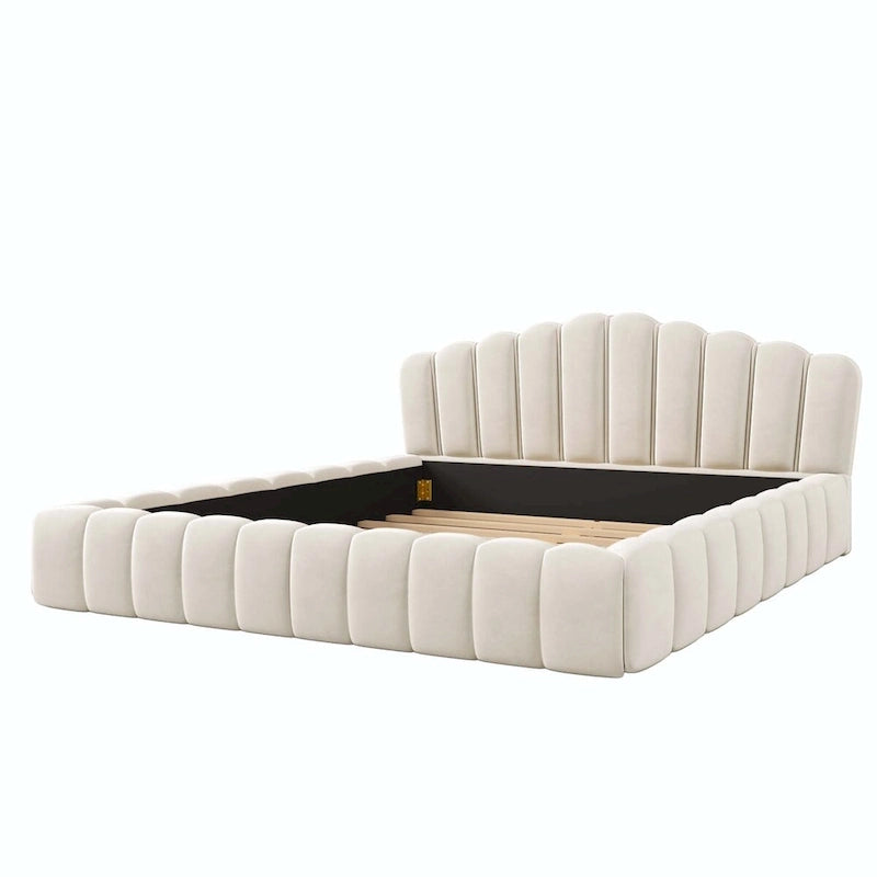 Velvet Upholstered Queen Bed Frame Shell-Shaped Headboard for Bedroom