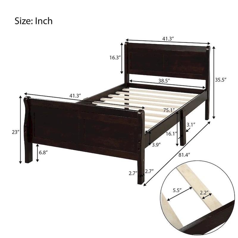 Twin/Full/Queen Wood Frame Sleigh Bed with Footboard